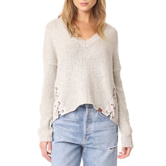 One Teaspoon Sweaters - One Teaspoon Saints & Roses Sweater Chunky Knit Lace Up V-neck Stone Size XXS
